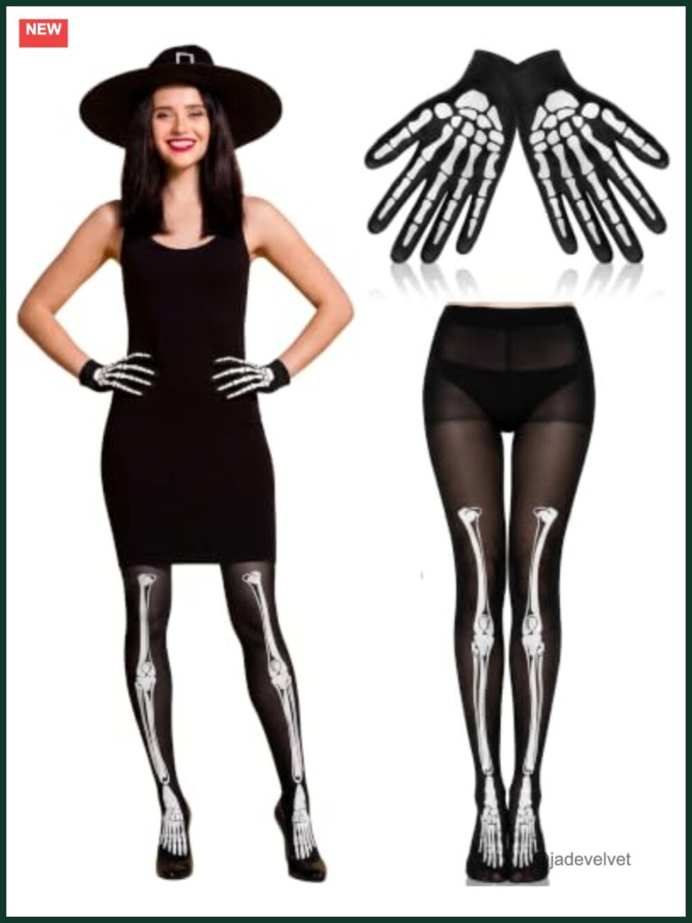 Women Halloween Skeleton Gloves & Tights Set One Size Polyester Cosplay Hosiery